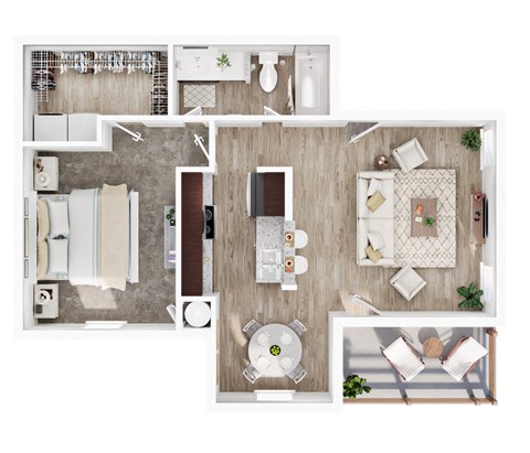 Floor plan for 1 bed, 1 bath, 689 sqft